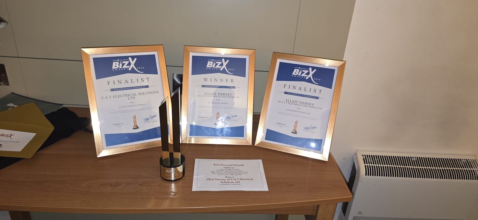 BizX Awards 2026 winner and finalist certificates for EAT Electrical Solutions