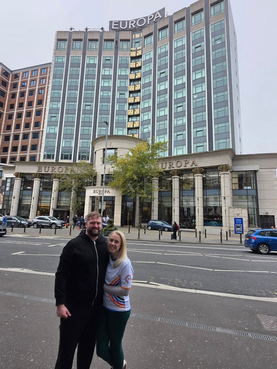 Elliot and Zoe outside the Europa Hotel in Belfast before the charity abseil